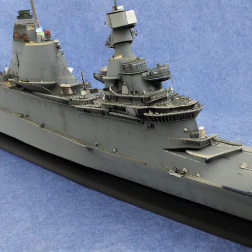 Prompt: close photo of the scale model kit of ww2 japanese battleship kongou, realistic photo