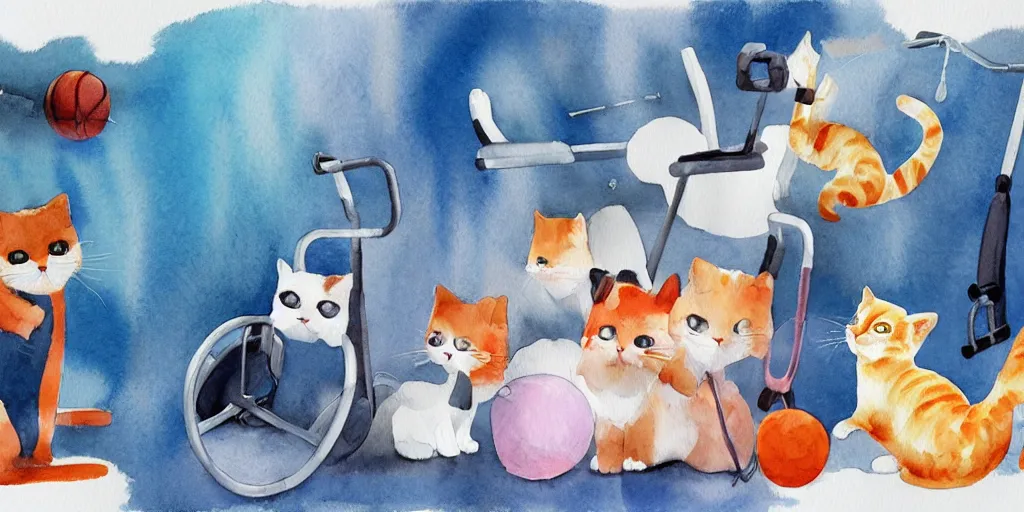 Image similar to watercolor illustration style, cute! cats!! training in the fitness studio with sports equipment!