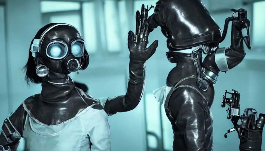 Prompt: big budget tv show where a female cyborg in a gas mask and rubber suit rips off an alien's head