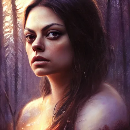 Image similar to a beautiful closeup portrait of mila kunis, magical forest background, serene colors, dramatic light, gorgeous view, depth, high detail, digital art, painted by seb mckinnon and greg rutkowski, trending on artstation
