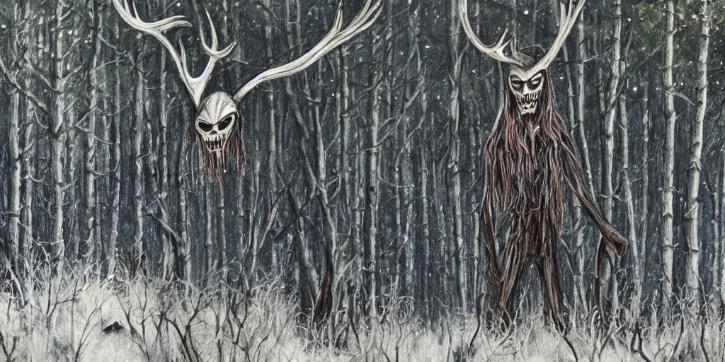 Prompt: wendigo in the woods painting dark creepy