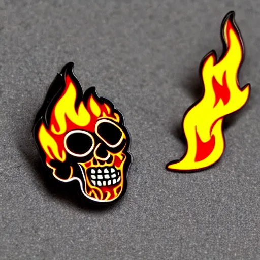 Prompt: a highly detailed retro minimalistic jolly clean skull with fire flame enamel pin