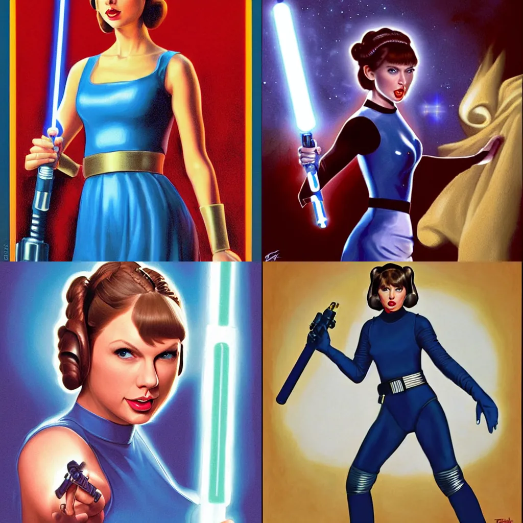 Prompt: Taylor Swift as Princess Leia holding a blue lightsaber, by Greg Hildebrandt