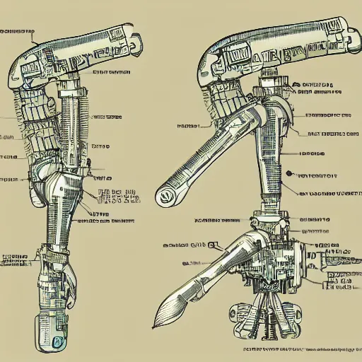 Prompt: parts diagram of a cybernetic arm with parts labeled, intricate and detailed assembly drawing of a cybernetic arm 🤖 hand 🦾, symmetrical fine details, jaw dropping details, fantasy concept art, hyper realistic illustration, 8 k, artstation