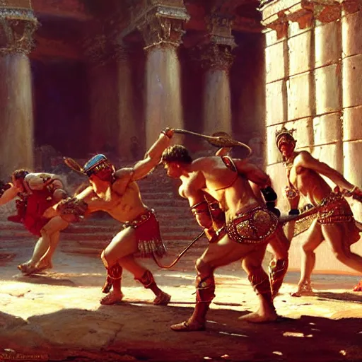 Image similar to gladiators in the coliseum. highly detailed painting by gaston bussiere, craig mullins, j. c. leyendecker 8 k