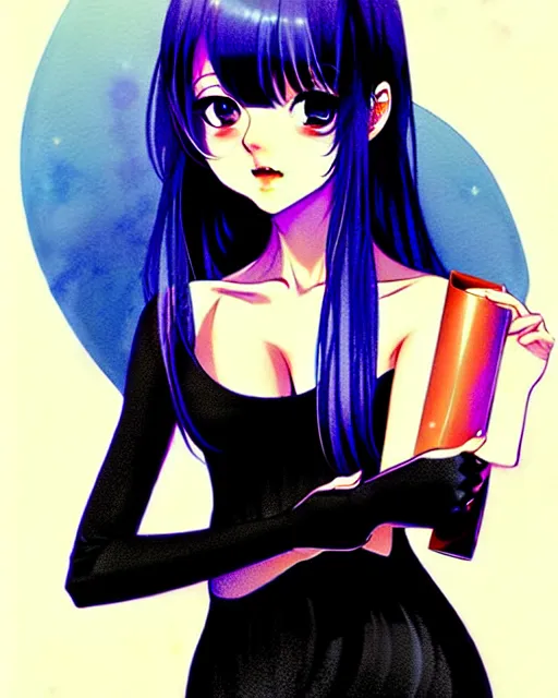 Prompt: portrait of an attractively cute young woman with amazingly dyed medium length hair wearing a short tight black dress think about the galaxy, art by Range Murata and Artgerm.