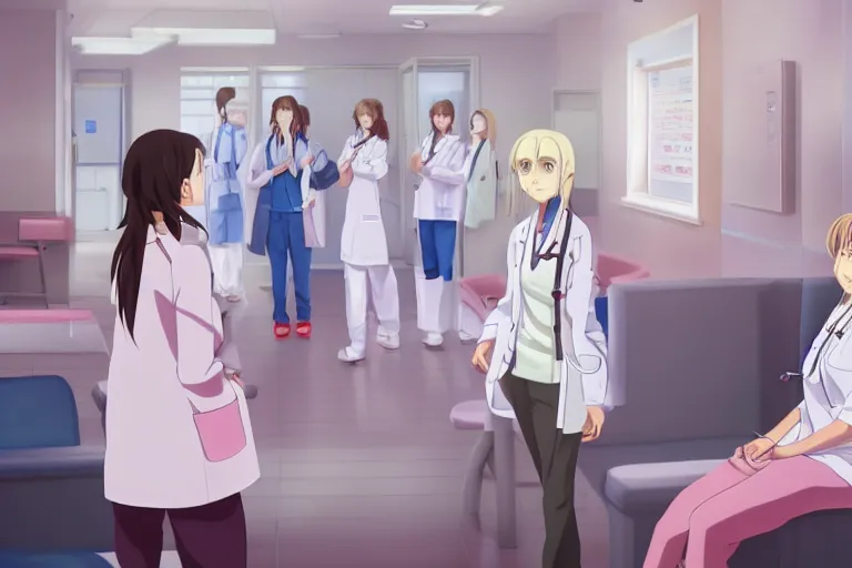 Prompt: a beautiful young female doctor wearing white coat are talking with a nurse wearing pink coat in a hospital ward, highly detailed, 8kHDR, slice of life anime, anime scenery by Makoto shinkai