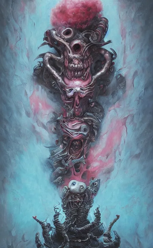 Prompt: a biomorphic painting of a warrior with edgy armor and eyeballs in it, a surrealist painting by Nychos, by Peter Mohrbacher, by Beksinski, pastel blues and pinks, featured on artstation, metaphysical painting, oil on canvas, fluid acrylic pour art, airbrush art,