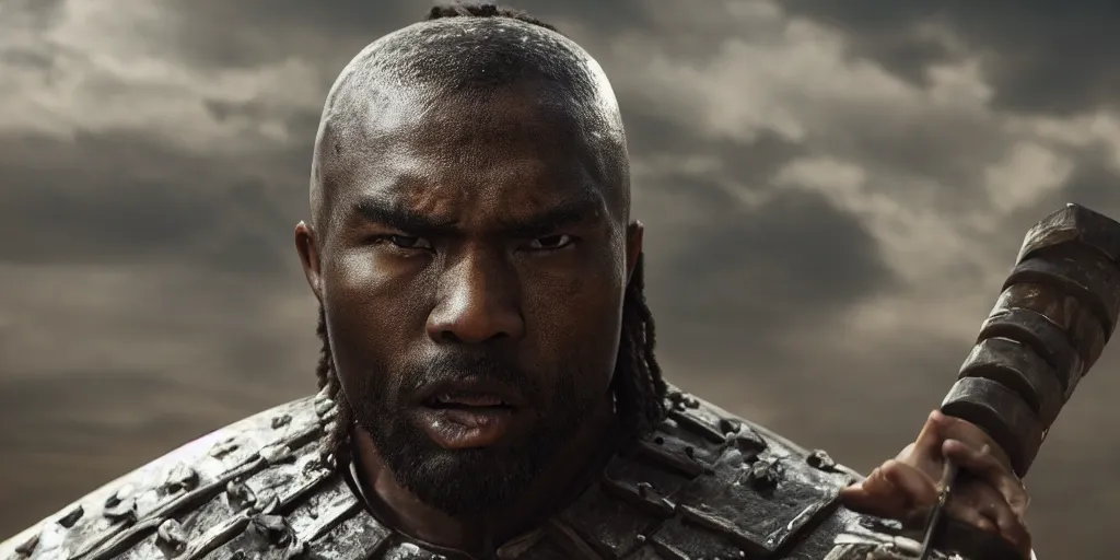 Image similar to a film still of a black man starring in a japanese blockbuster film as ancient samurai, intense, shallow depth of field, cinematic, award winning cgi, vfx, film still