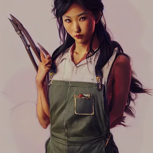 Prompt: a fierce yet beautiful Asian woman wearing overalls, highly detailed, digital painting, artstation, concept art, sharp focus, illustration, cinematic lighting, art by artgerm and greg rutkowski and alphonse mucha