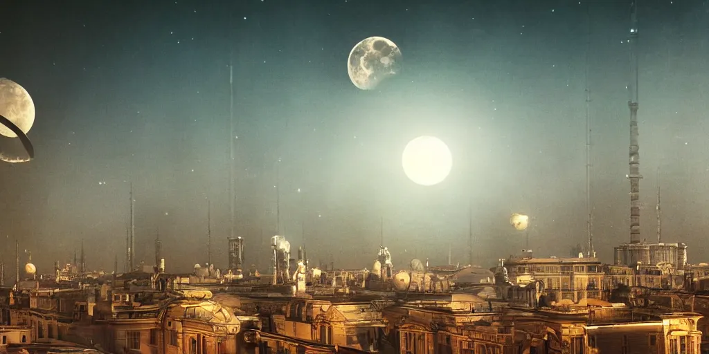 Prompt: cinematic shot of a st. petersburg city in the moon's hollow, russian orbit city cityscape, telephoto, iconic scene from the optimistic sci fi film directed by stanley kubrick, anamorphic cinematography, beautiful composition, color theory, leading lines, photorealistic, moody volumetric lighting