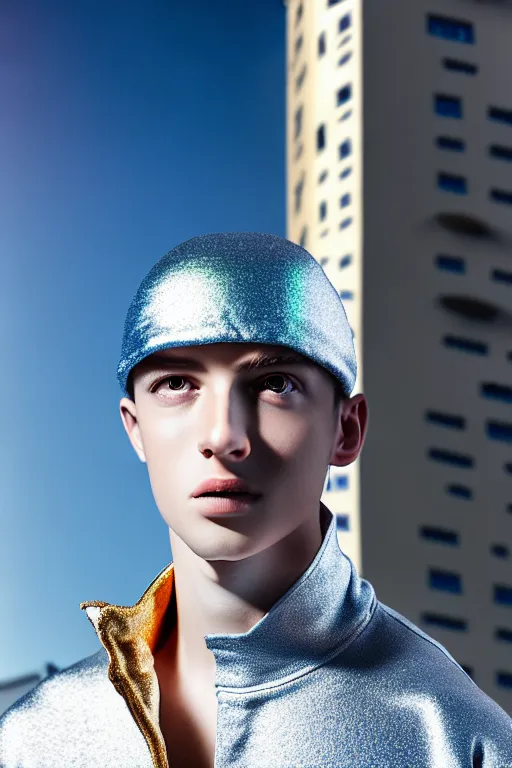 Image similar to un ultra high definition studio quality photographic art portrait of a young man standing on the rooftop of a british apartment building wearing soft padded silver pearlescent clothing. three point light. extremely detailed. golden ratio, ray tracing, volumetric light, shallow depth of field. set dressed.