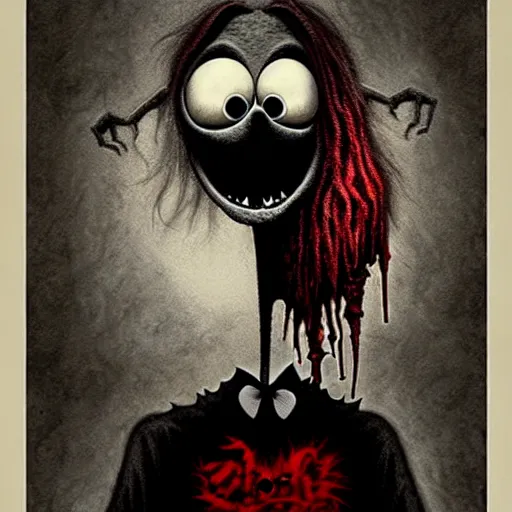 Image similar to grunge cartoon drawing of elmo by - michael karcz , in the style of corpse bride, loony toons style, horror themed, detailed, elegant, intricate