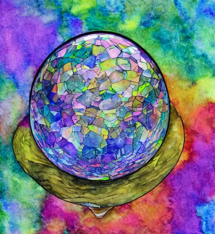 Image similar to a 1988 watercolor and ink and acrylic pour illustration of an intricate and faceted crystal ball with a world inside of it + impasto + dissolving in to light + prism + god rays + dramatic lightning + backlit + specular + caustics