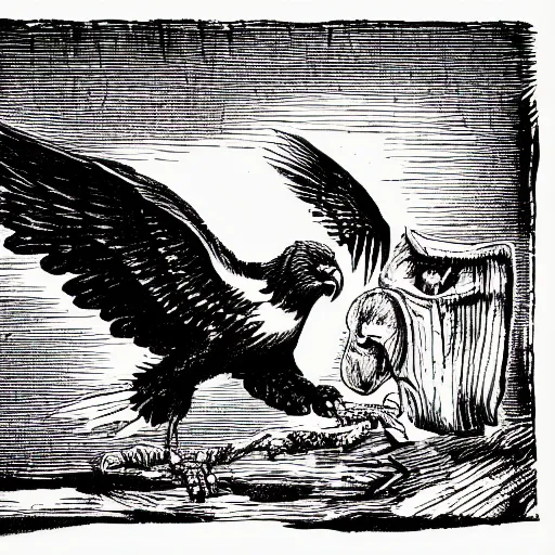 Prompt: a black and white drawing of an eagle attacking a demon, a woodcut by Sir John Tenniel, pixabay, vanitas, woodcut, photoillustration, storybook illustration