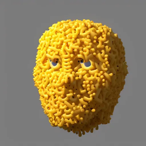 Image similar to a 3 d render of a person made of macaroni and cheese