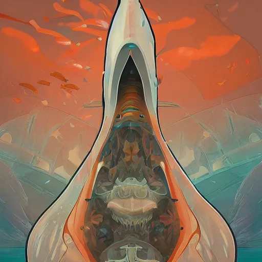 Prompt: half shark half orange and white traffic cone, wide shot, underwater background detailed atmospheric - ron cheng & alphonse mucha, highly detailed, digital painting, ray tracing, concept art, illustration, smooth sharp focus, intricate, symmetry, artstation,