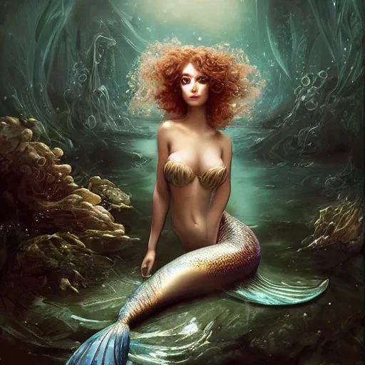 Prompt: beautiful mermaid with curly hair, magical details, magical atmosphere, digital art, matte painting, concept art, devianart, cinematic lighting, hyper - detailed, cgsociety, 3 - d 8 k, high resolution, in the style of charlie bowater, tom bagshaw, alexis franklin, elena masci, pawel rebisz