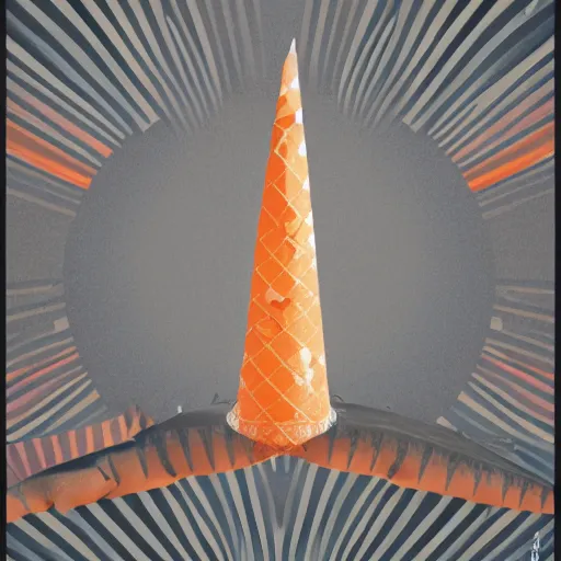Image similar to cracked orange and white striped traffic cone with shark teeth breaking through the cracks, ocean background detailed atmospheric - ron cheng & alphonse mucha, highly detailed, digital painting, ray tracing, concept art, illustration, smooth sharp focus, intricate, symmetry, artstation,