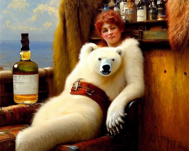 Prompt: an exhausted polar bear girl in her studio with a bottle of whisky. furry body. highly detailed painting by gaston bussiere, craig mullins, j. c. leyendecker 8 k