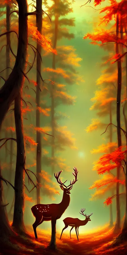 Image similar to deer with large antlers alone in the woods. warm colors, by nashimanga, anime illustration, anime key visual, beautiful anime - style digital painting by wlop, amazing wallpaper