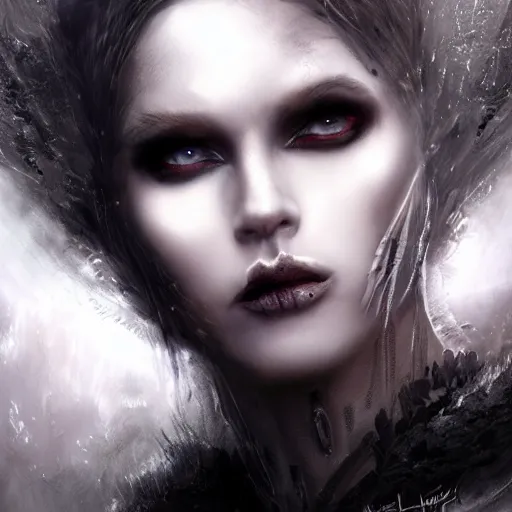 Image similar to kerli koiv as queen of the damned, darkwave, darksynth, concept headshot art, sharp, digital matte painting, art by luis royo, greg rutkowski, wlop, dramatic lighting, trending on artstation