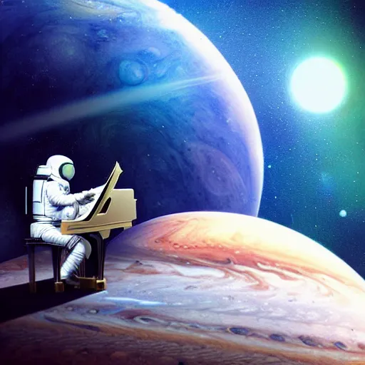 Prompt: An astronaut playing piano on Jupiter. Cyberpunk digital art, very beautiful, high quality, high resolution