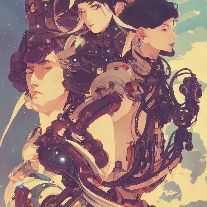 Image similar to anime portrait space pirate captain, futuristic science fiction, mucha, hard shadows and strong rim light, art by jc leyendecker and atey ghailan and sachin teng