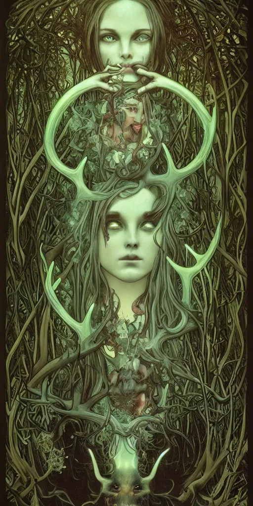 Prompt: intense bioluminescent pagan god with antlers and fangs and intense glowing eyes in very dark forest by mark ryden and alphonse mucha, portrait, fantasy, clear, light beams, lens flare, intense, uhd, amazing depth, cinematic lighting