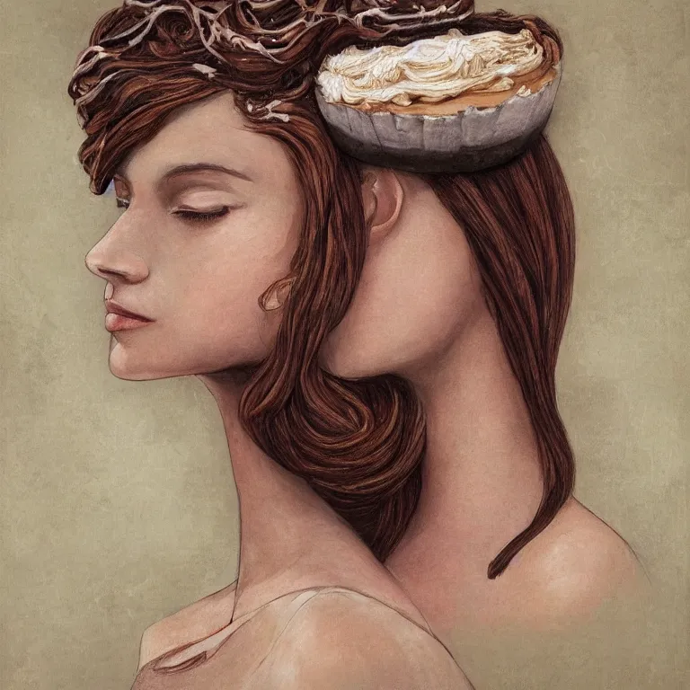Prompt: a beautiful portrait of a singular girl on whose head a space and cosmic places like ganache, planets like a whipped frosting or filling made with semisweet chocolate and cream, used for cakes, pastries, and candies, highly detailed, fantasy art