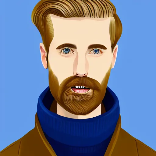 Image similar to A british man, with short blond hair and a very short blond beard wearing a corduroy jacket and turtleneck , blue eyes, pale skin, English heritage, digital art, cartoon, mid-shot, 8k