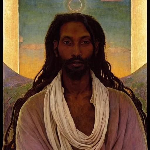 Image similar to masterpiece, somali man with long hair, sculpture from islamic civilization, by annie swynnerton and diego rivera and nicholas roerich and jean delville and charlie bowater, symbolist, dramatic lighting, god rays, art brut, rich colors, smooth sharp focus, extremely detailed, adolf wolfli and ( donato giancola and bilibin )