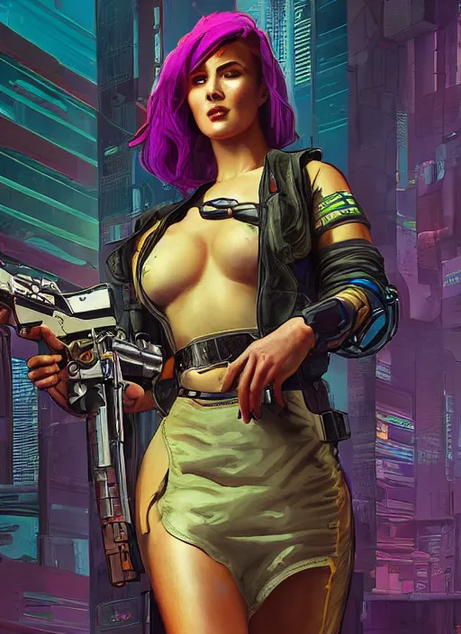 Prompt: cyberpunk woman in dress holding belt fed pistol. advertisement for pistol. cyberpunk ad poster by james gurney, azamat khairov, and alphonso mucha. artstationhq. painting with vivid color, cell shading. ( rb 6 s, cyberpunk 2 0 7 7 )