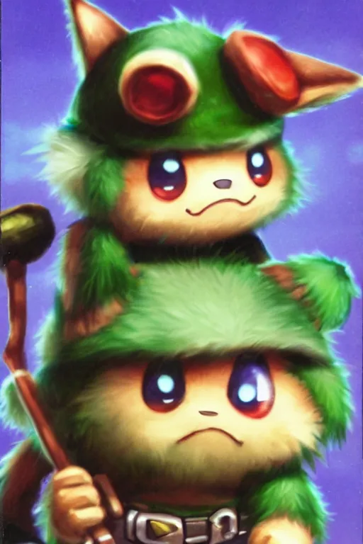 Prompt: teemo, a pokemon trading card of teemo, high detail pokemon trading card scan