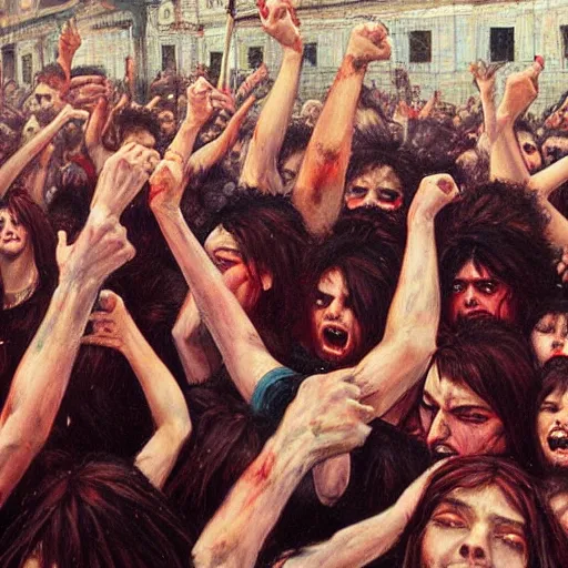 Image similar to a mosh pit full with punks girls in a thrash metal show painted in the john william waterhouse oil