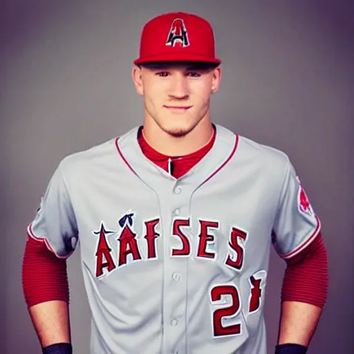 Prompt: “a realistic photo of a guy who is an attractive baseball player man who is half robot and half humanoid, who is a robot, Mike Trout, shiny skin, blue eyes”