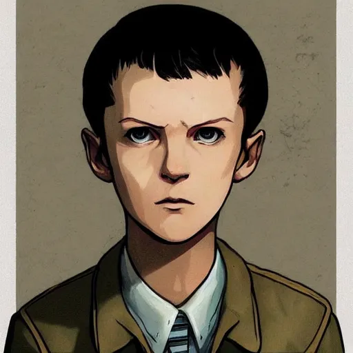 Image similar to portrait of Eleven from Stranger things by Makoto Shinkai and Yoshitaka Amano , character,anime,scene!! , Messy , dark