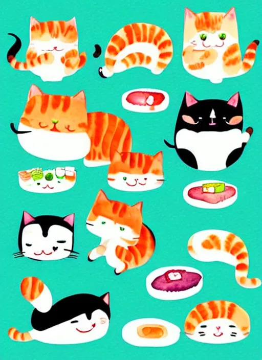 Prompt: cute cats and sushi watercolour illustrations sheet