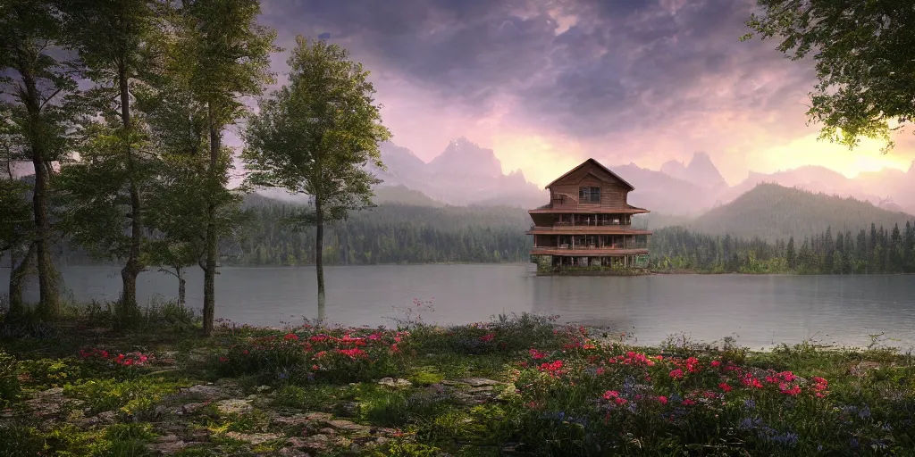 Image similar to a serene landscape with a singular building near a lake at sunrise, forest, mountains, clouds in the sky, concept art, octane render, unreal engine 5, trending on DeviantArt, highly detailed, high quality, 4K, low contrast, path traced, godrays, bloom, Ferdinand Knab, beautiful landscape, red flowers, trending on Artstation, soft lighting, hyperrealistic, digital art