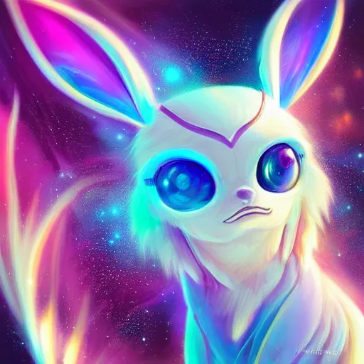 Prompt: geometric symmetrical eevee with galaxy eyes in space, nebula in the background, intricate, elegant, highly detailed, digital painting, artstation, concept art, smooth, sharp focus, illustration, art by artgerm