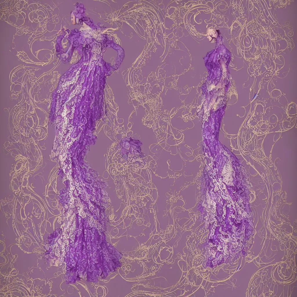 Image similar to purple dress design in the style of rococo ,Victorian era，jellyfish element,Goldenlace,dreamy, soft ,Backlight ,luminescence,Aetherpunk,highly detailed,8k