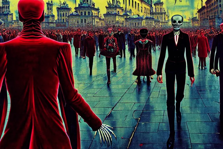 Image similar to realistic detailed photorealistic film portrait shot of a single skeleton wearing crimson velvet blazer in a crowded futuristic moscow street by Denis Villeneuve, Amano, Yves Tanguy, Alphonse Mucha, Ernst Haeckel, Andrei Tarkovsky, Edward Robert Hughes, Roger Dean, rich moody colours, wide angle, blue eyes