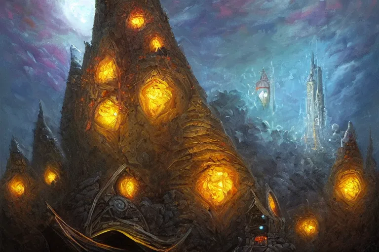 Image similar to oil painting of a sorcerer's magical tower, dark tones, bright flash, ant's eye view, ground view, intricate magic details, wizard tower, bursting with magic, trending on artstation cgmatter deviantart, ground ant perspective, looking up