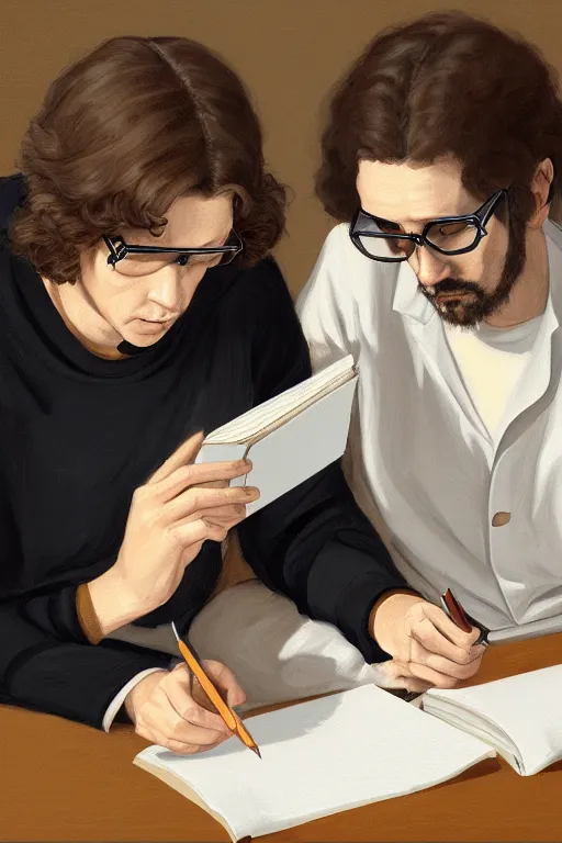 Prompt: portrait of two wise and very beautiful scientists reviewing some texts, intricate, elegant, highly detailed, smooth, sharp focus, artstation