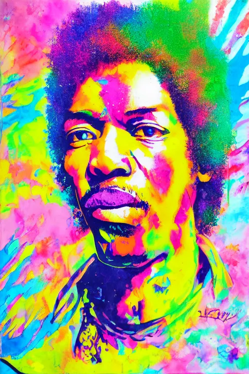 Image similar to Jimi Hendrix acrylic paint pour, watercolor, marbling, graffiti, very detailed, large white border, 144x144 canvas, hd, high resolution print :1 CMYK :1