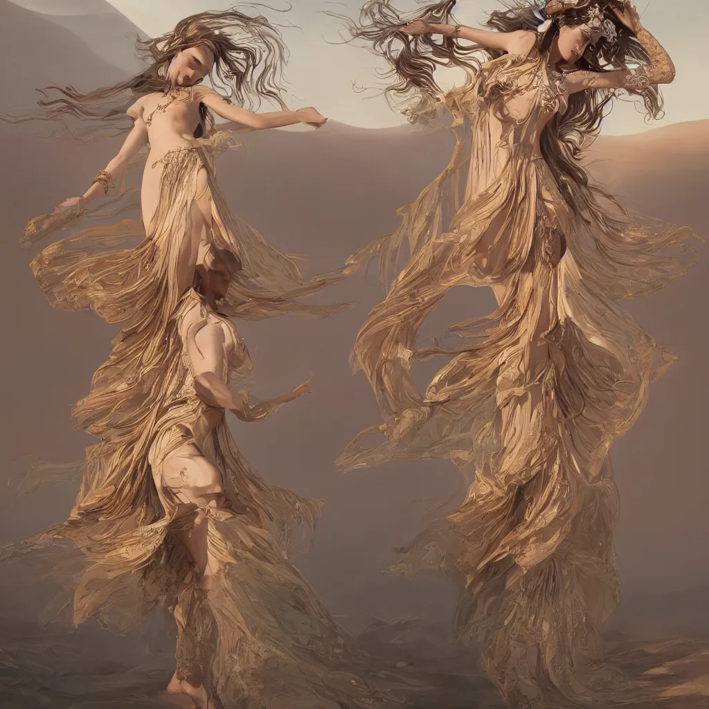 Image similar to goddess dancing in the desert, unreal engine, professional models, symmetrical face, fantasy, surreal, intricate, sharp focus, beautiful, elegant, highly detailed, digital painting, trending on artstation, concept art, smooth and sharp focus, illustration, art by tan zi and ayanamikodon and alphonse mucha and wlop