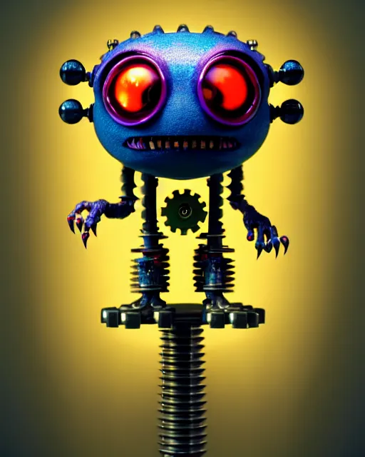 Image similar to a tiny cute cyberpunk monster with cogs rods bolts big eyes smiling waving, back view, isometric 3 d, ultra hd, character design by mark ryden pixar hayao miyazaki, unreal 5, daz, hyperrealistic, octane render, cosplay, rpg portrait, dynamic lighting, intricate detail, front lighting, cinematic, symmetrically isometrically centered