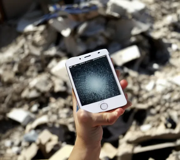 Prompt: an iPhone smartphone in the rubble, ruins. Anime
