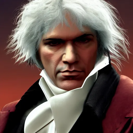 Image similar to Beethoven as a character in Devil May Cry, film still, photorealistic, full shot