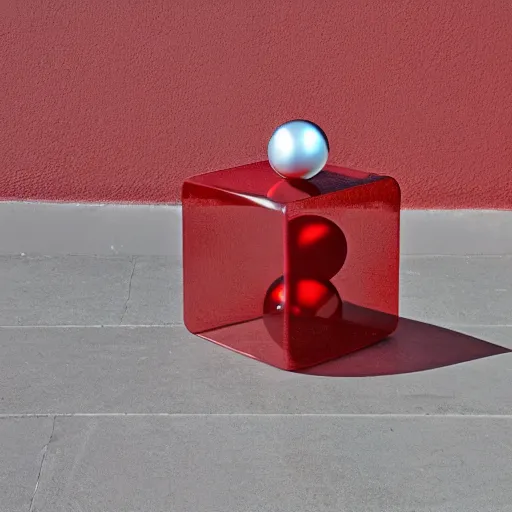 Prompt: chrome spheres on a red cube, sfumato